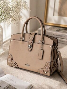 Coach Tea Rose Prairie Satchel Leather Bag Beige Floral Rivets